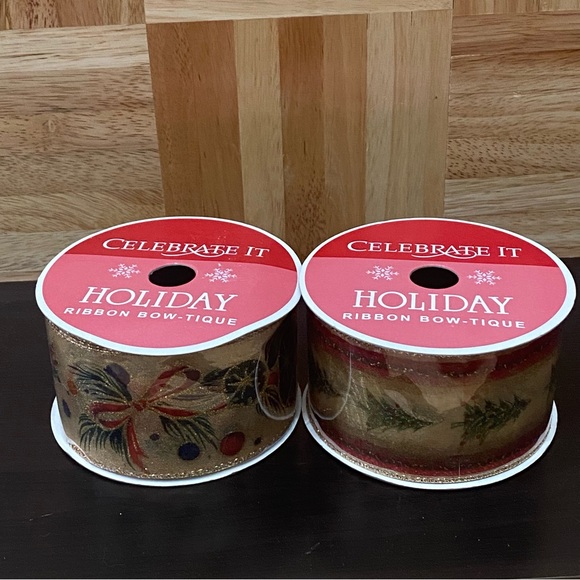 (2) 2.5x30ft Celebrate It Holiday Wired Ribbon Christmas Tree Ornament Bow Gold - Picture 3 of 8